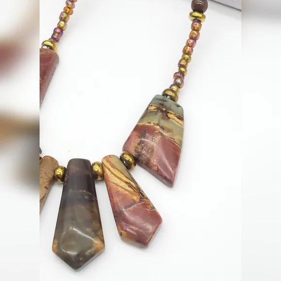 Handmade Red Creek Jasper Stone Bib Style Necklace Iridescent Glass Seed Beads - Picture 12 of 12
